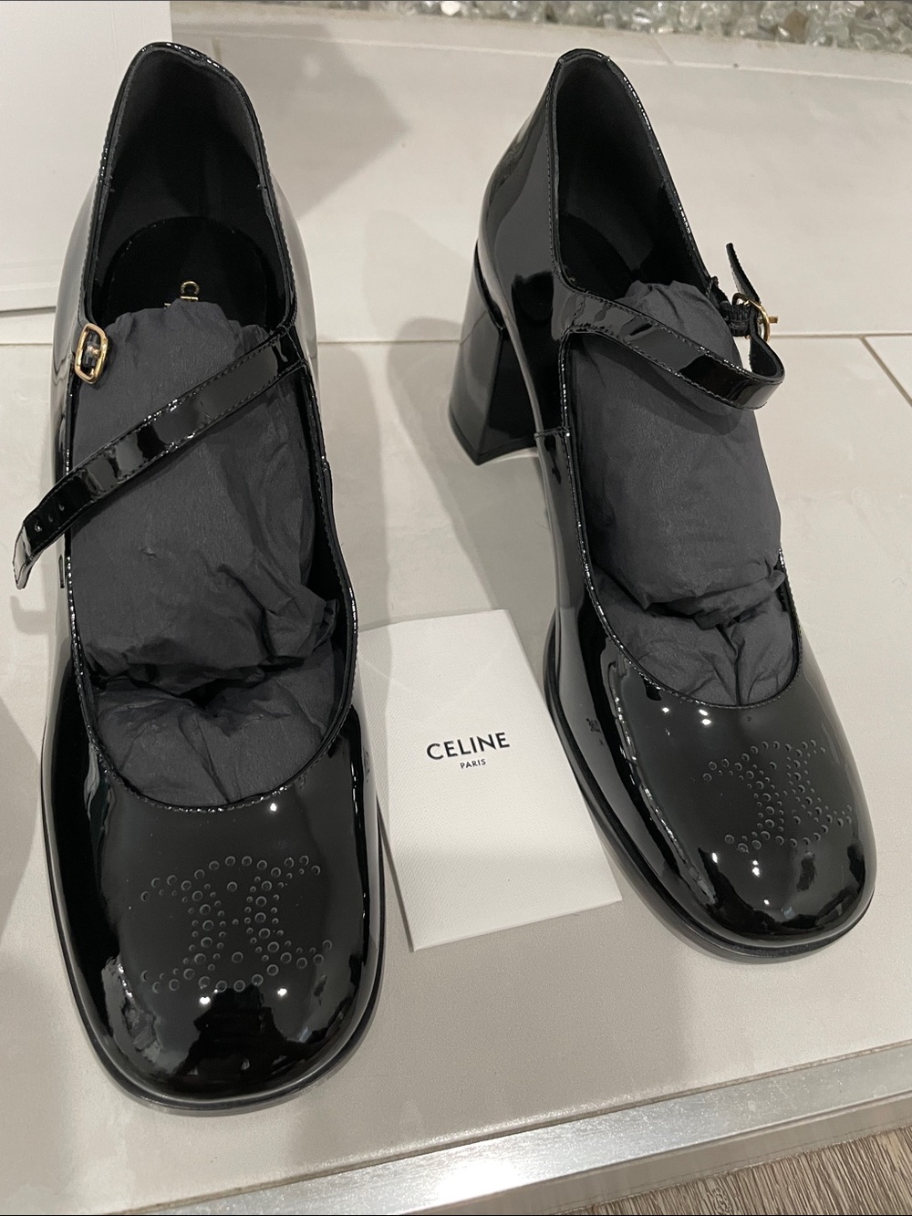 Celine Black Patent Mary Jane Block Heels with Perforated Toe Triomphe Logo